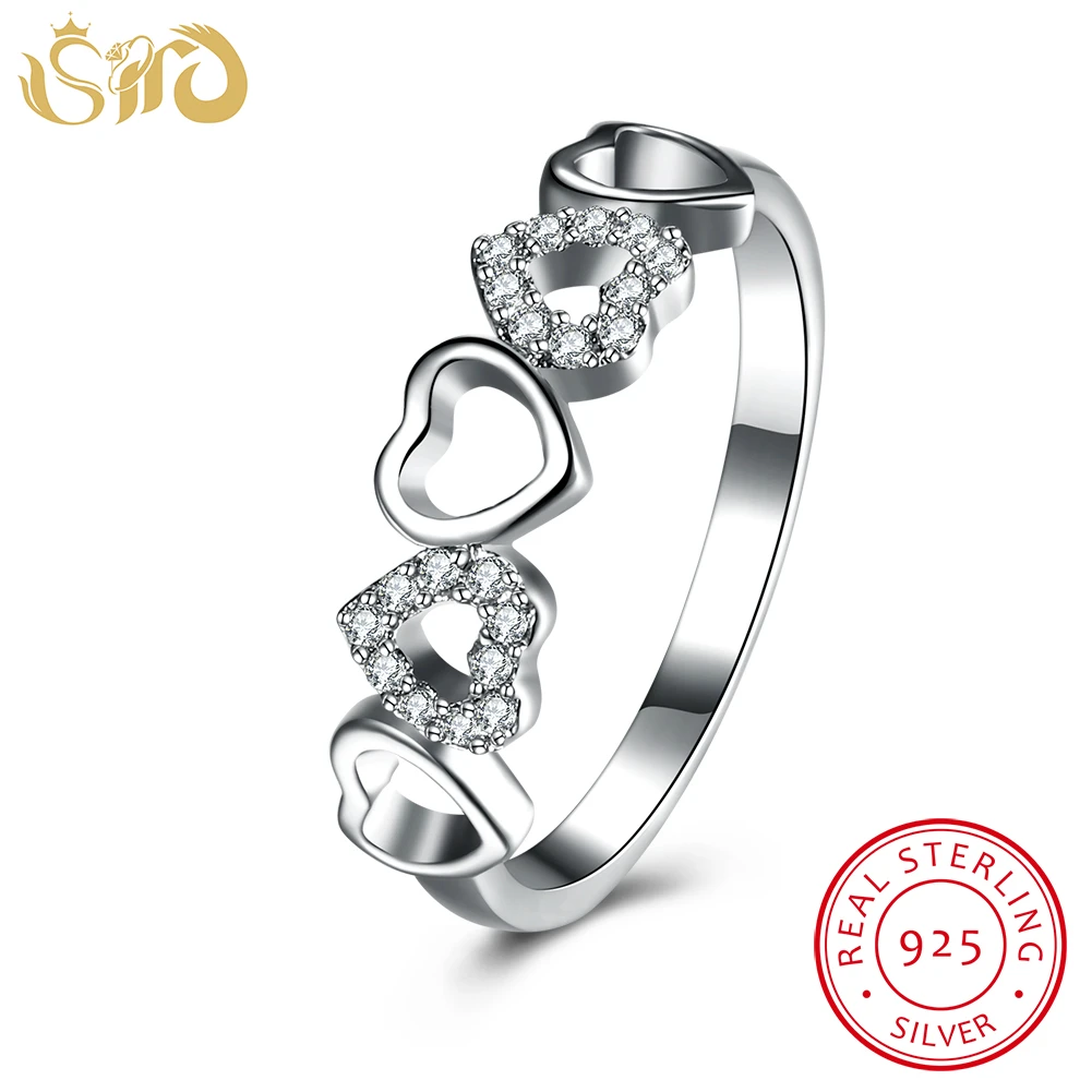 

SHD 925 Sterling Silver Rings Women Five Heart Pave Setting Crystal Ring Fashion 925 Silver Jewelry Women Wedding Bands