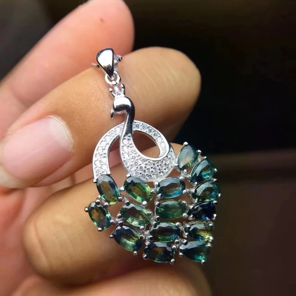 

natural blue sapphire gem Pendant natural gemstone pendant S925 silver Elegant cute Phoenix peacock Women girl party jewelry