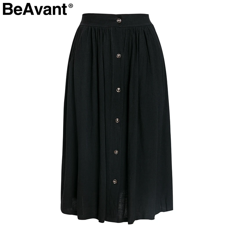 BeAvant, элегантная женская юбка с карманами из хлопка и льна, повседневная, на пуговицах, высокая талия, женская юбка,, летняя, Пляжная, праздничная, длинная, юбки - Цвет: Black