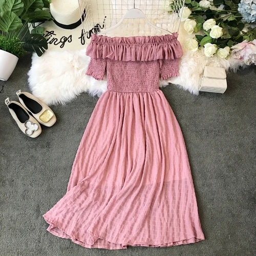Gagarich элегантное платье, новинка, Корейская версия, плиссированное женское шифоновое платье с деревянными ушками и вырезом лодочкой, милая богемная пляжная одежда для девочек - Цвет: Розовый