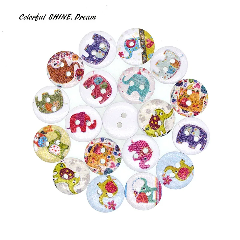 

20PCs Wholesale Natural Wooden B\uttons Round Cute Elephant Design Scrapbooking Sewing Accessories DIY Craft 2 Holes 15mm Dia.