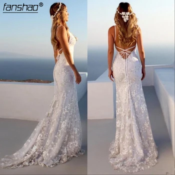 

Spaghetti Strap Beach Lace Wedding Dress Elegant Sleeveless Backless White Mermaid Bridal Gowns Plus size Custom Made