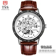 2016 TSS fashion Royal Design Black Gold Men Mechanical Watch Montre Homme Mens Watches Top Brand Luxury Leather Skeleton