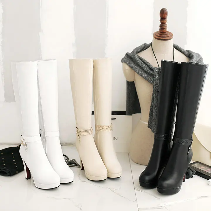 Женские сапоги до колена на высоком квадратном каблуке и платформе; зимняя модная обувь с боковой молнией и пряжкой; женская обувь; Цвет абрикосовый, белый, черный