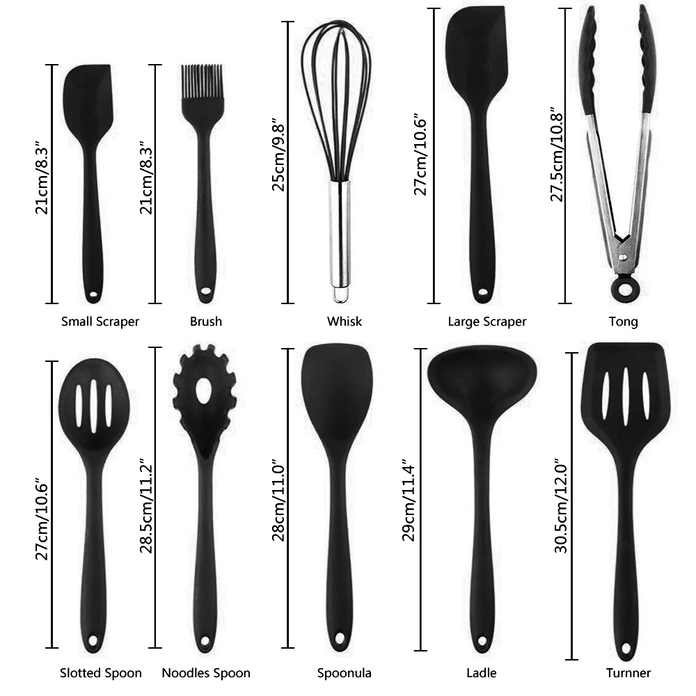 10 шт./Партия набор силиконовой кухонной посуды, антипригарная силиконовая ложка, лопатка, паста, сервер, венчик, ковш, ситечко, черный