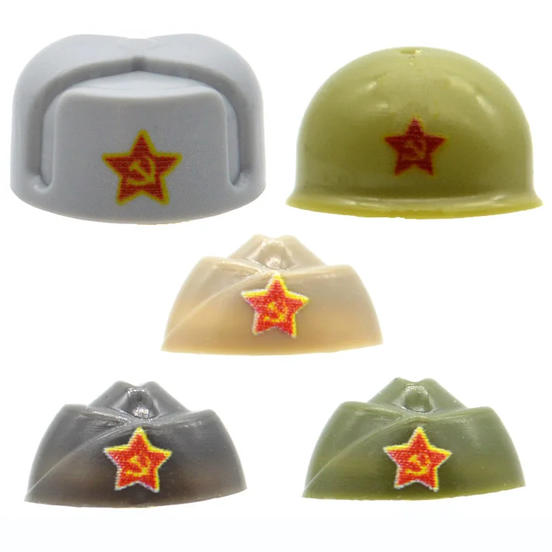 

10pcs/lot Ushanka Helmet WW2 Soviet Union Hat Printed Red Army Cap Military MOC Building Blocks Bricks Figures Toys for Children