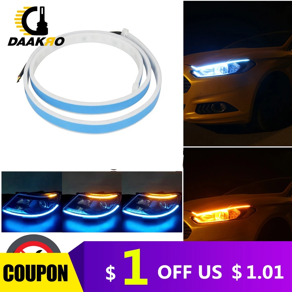 

60CM Universal DC 12V Turn Signal Dual Color LED Strip Light White Yellow High Flexibility 6000K 4500K Flowing Lamp Light