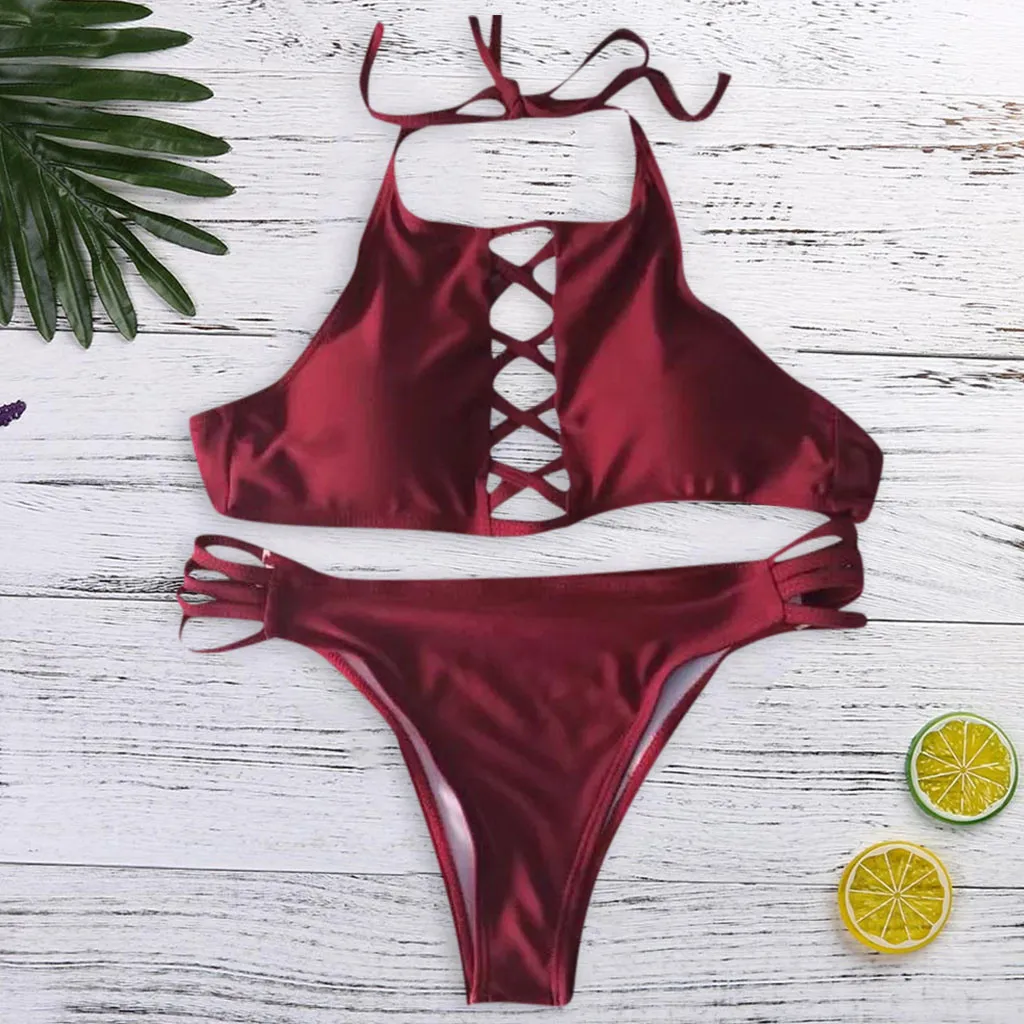 

Women Push Up Bikini 2019 Solid Color Multi-Rope Bikini Sexy Split Swimsuit Bra Bandage Beachwear Bathing Suit Two Pieces #@T