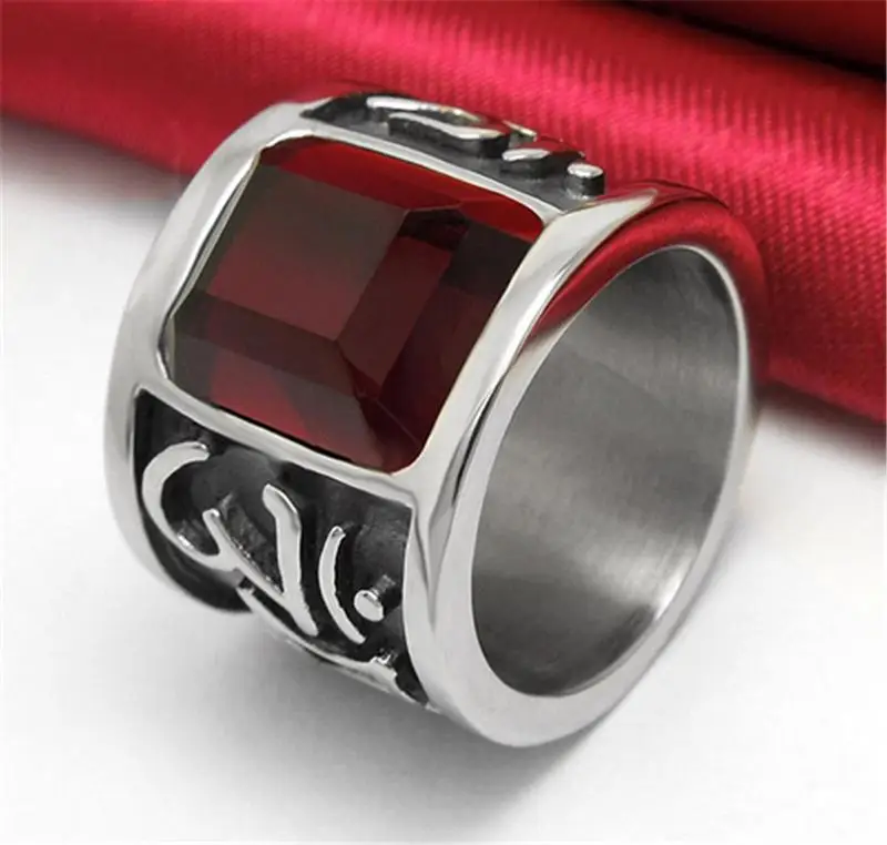 Om Mani Padme Hum Mens Red Stone Ring Wide Titanium Steel Rings For Men
