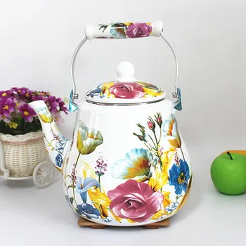 

Thick flat bottom large capacity 5L porcelain enamel water kettle teapot milk tea pot flower Japanese teakettle