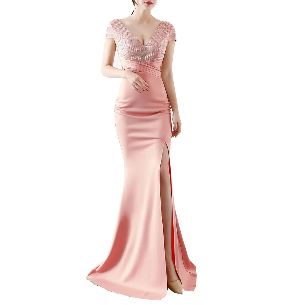 Solovedress Prom Dress Mermaid Бисер с разрезом на ноге прорезью официальное свадебное платье Кепки рукава с глубоким v-образным вырезом платье с