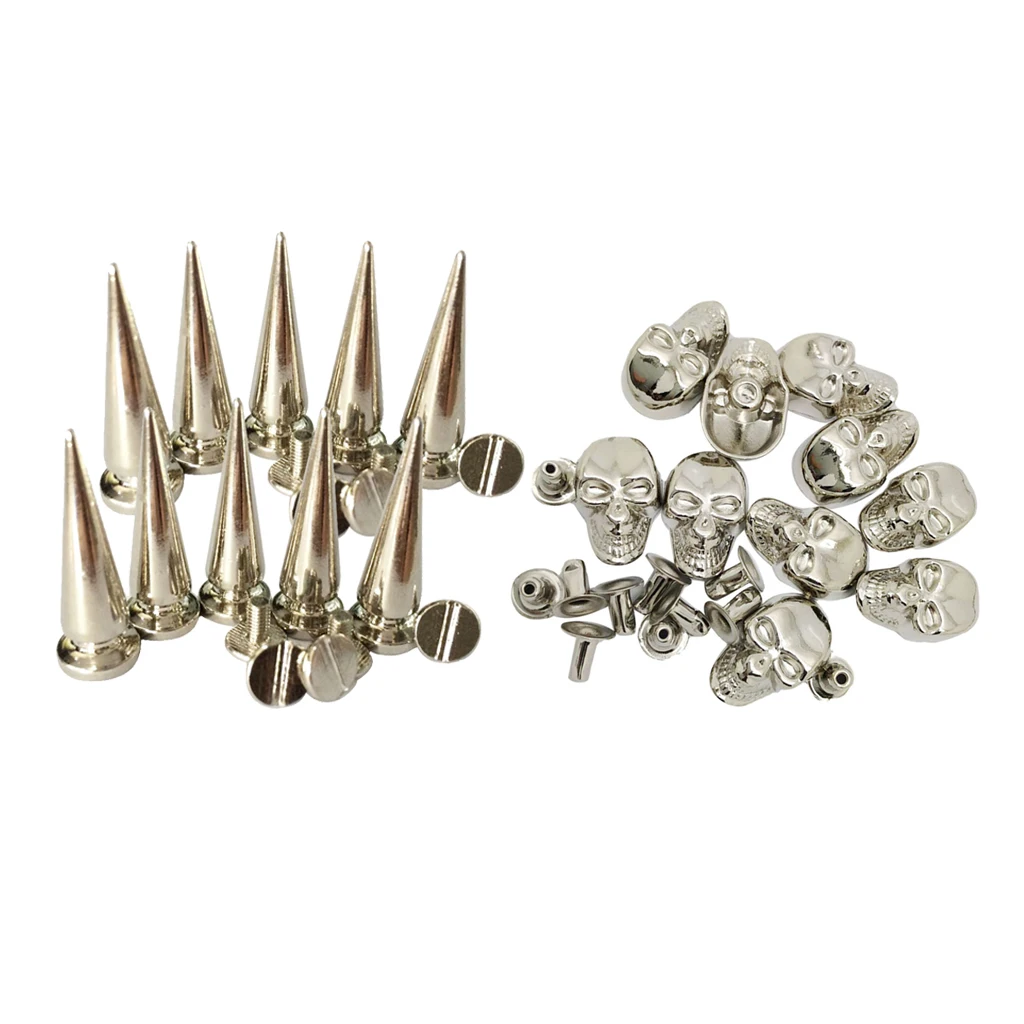  20 Sets Skull Cone Studs Rivets Punk Rock Spikes Shoes Bag DIY Leather Craft Silver