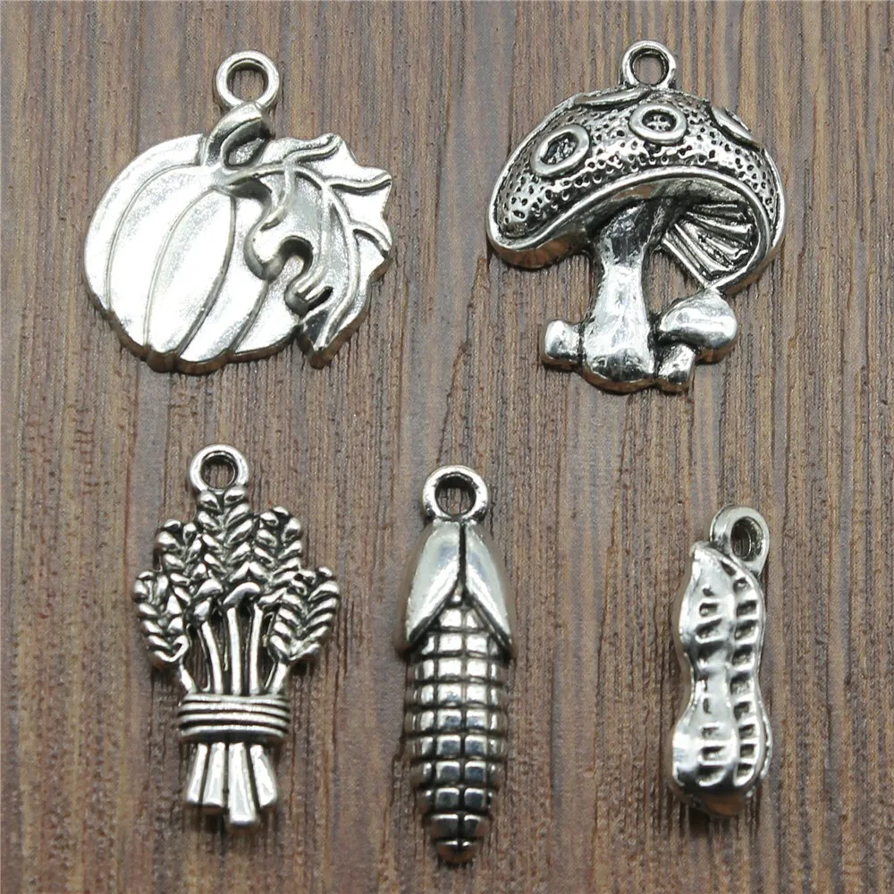 

10pcs/lot Food Charms Antique Silver Color Mushroom Charm Pendants Jewelry Accessories Pumpkin Corn Charms For Jewelry Making