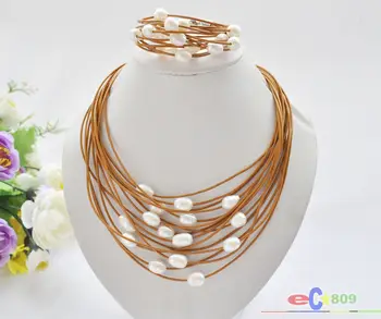 

wholesale 15row 13mm white rice freshwater pearl coffee leather necklace & bracelet