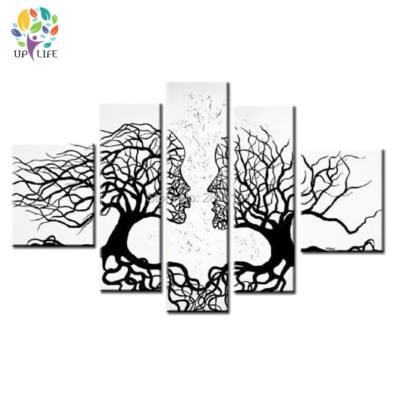 

handmade modern abstract Wall pictures love kiss white black tree root canvas art 5 Panels home Decorative oil painting