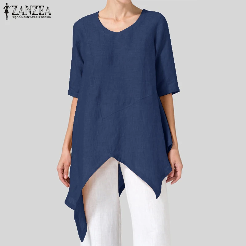 ZANZEA женские блузки топы летние с коротким рукавом Асимметричный Подол футболки, туники, топы размера плюс женская одежда Хлопок Лен блуза