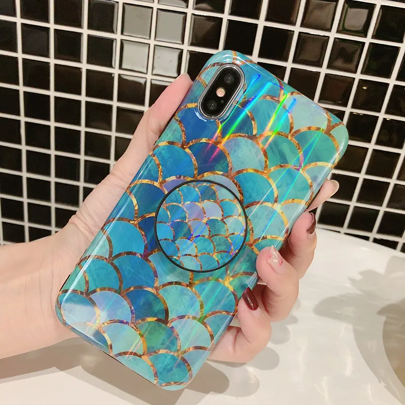 

Ring air bag Stand holder Grip Shiny mermaid scales laser phone case for iphone X XR XS Max 6 6s 7 8 7plus shell case back cover