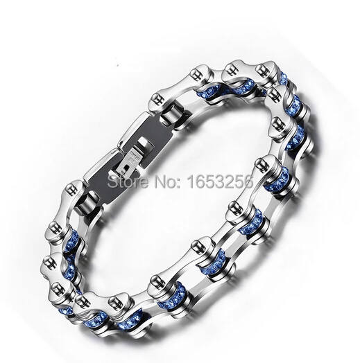 

9.2'' Unisex Blue shiny Rhinestones Motorcycle chain Bracelet Stainless Steel Bicycle design Hip-Hop Jewelry Bling