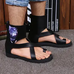Новое прибытие Черный натуральная кожа крест связали рим стиль мужская мода сандалии открытым носком высокого качества молнии сандалии