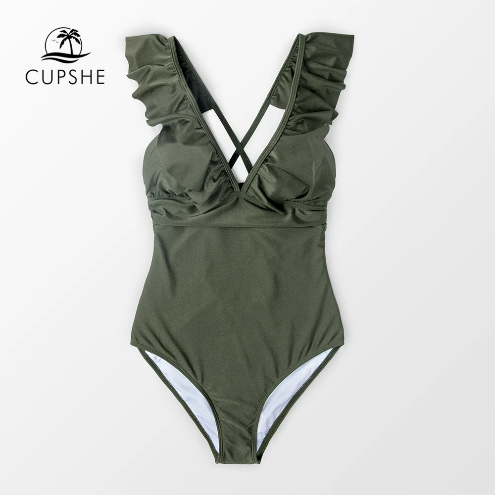CUPSHE оливковый зеленый гофрированный цельный купальник женский сдельный 2019