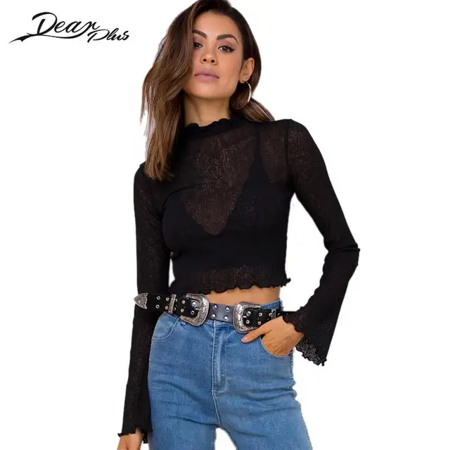 Women Mesh Tees Long Flare Sleeve Crop Top See Through T shirt Sexy ...