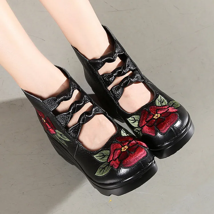 

Women Flower andals Shoes Slope Casual Leather Shoes Fashion Embroidered Ladies Vintage Waterproof Platform Shoes 301LX CD