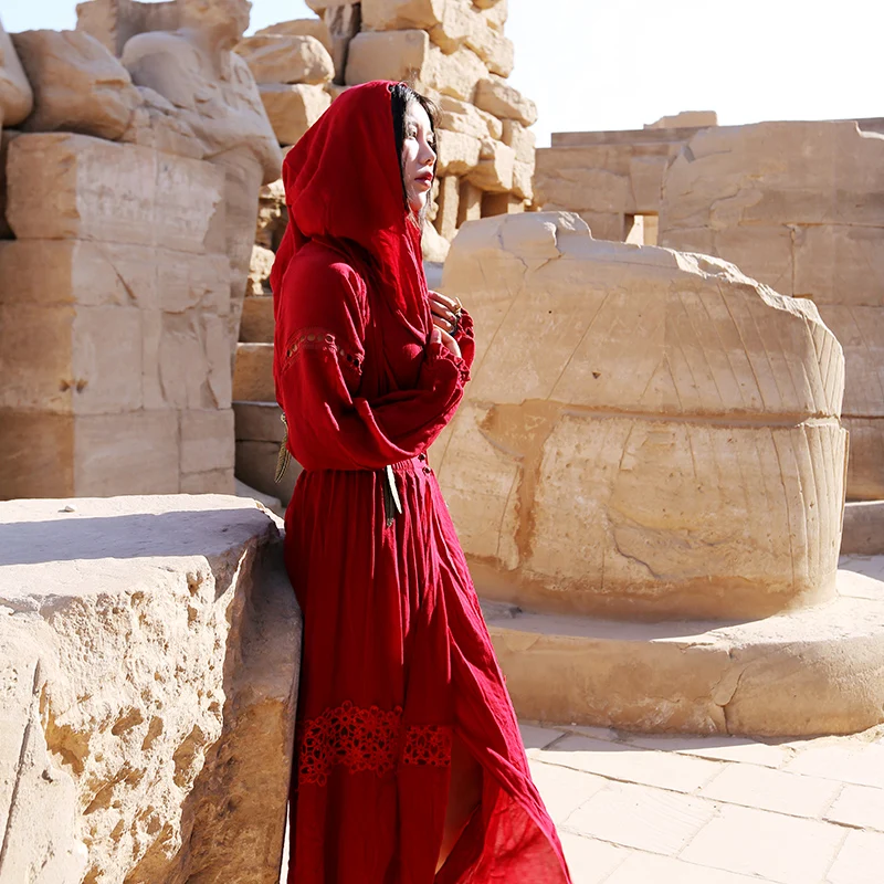 

Free Shipping 2017 New Red Spring And Autumn Red Vintage One-piece Long Mid-calf Dress Women Hollow Long Lantern Sleeve M-L