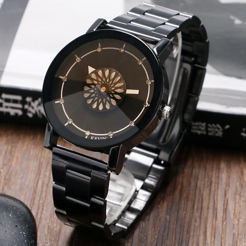 

Brand Luxury Creative 2 Styles Turntable Rhinestone Dial Quartz Watch With Black Stainless Steel Watch Strap Gift For Men Women
