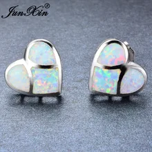 Junxin Романтический женский белый и Радужный огненный опал сердце серьги гвоздики 925 серебро ювелирные изделия Двойные серьги для женщин