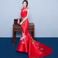 Red mermaid wedding lace traditionele jurken voor vrouwen cheongsam chinese stijl lange qipao avond 2016 hoge kwaliteit satijn