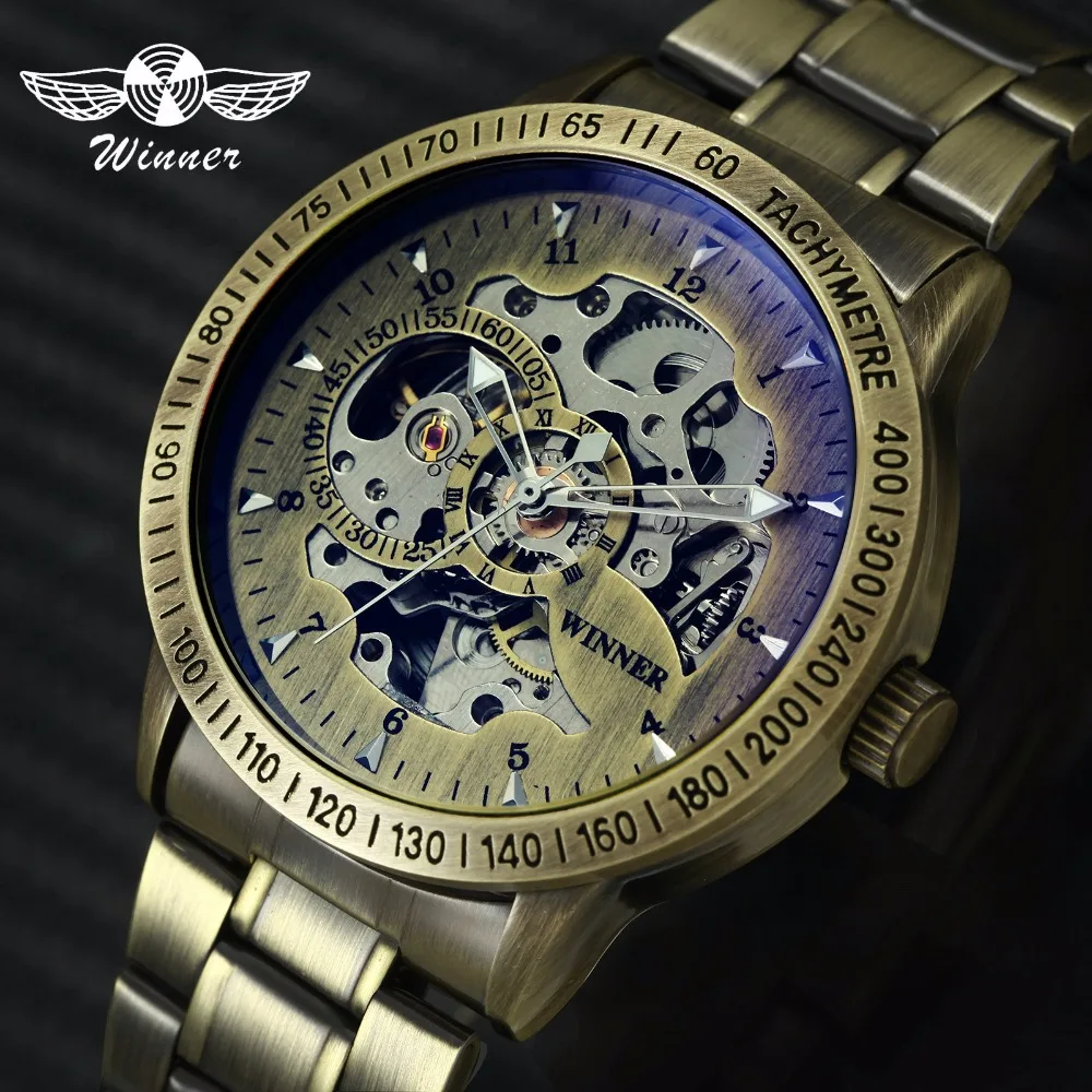 

WINNER Retro Copper Mens Automatic Mechanical Stainless Steel Skeleton Watch Vintage Male Clock