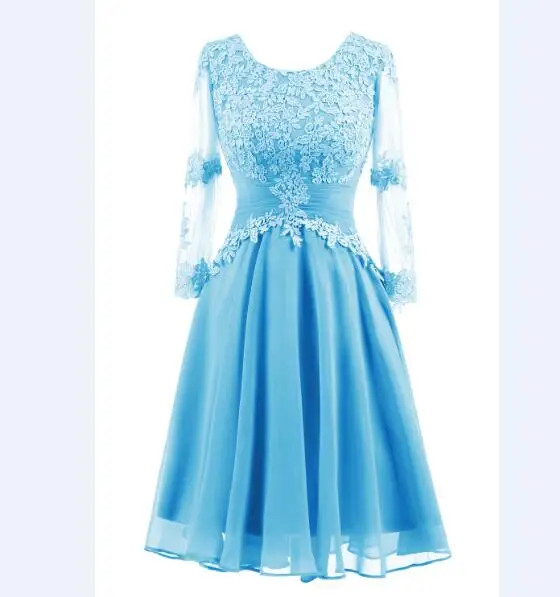 Элегантный светильник Серый шифон короткий мать платья невесты дешево Иллюзия длинный рукав кружева аппликация свадебное платье - Цвет: Blue
