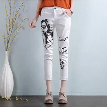 Women’s Fashion Personalized Character Print Jeans Female Classic White Vintage Pencil Pants Trousers Plus Size 26-32 L681