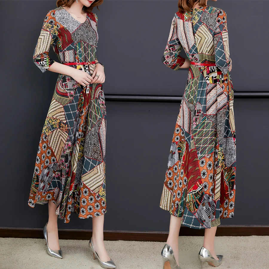2019 Korean Summer New Beach Midi Dresses Plus Size Vintage Print Boho Maxi Sundress Women Bodycon Short Sleeve Party Vestidos | Женская