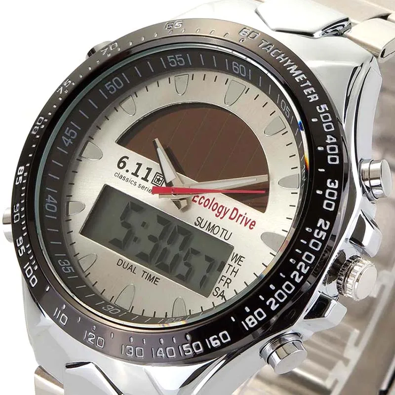 Men's Sport Watch Men Dual Time Zone solar Full Steel Clock Business