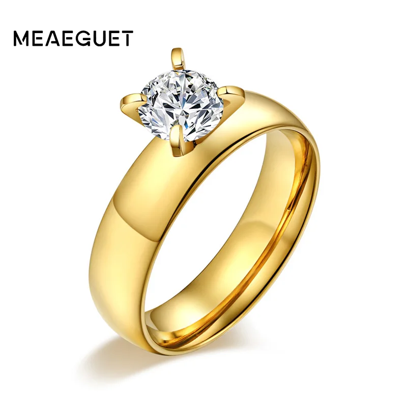 Meaeguet Classic Solid Gold-color Stainless Steel Prong Setting Cubic Zirconia Wedding Rings For Women Wedding Bands USA Size