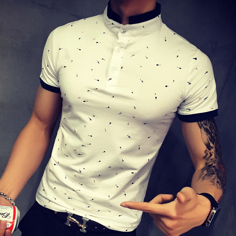 Rrive Men Printing Summer T-Shirts Slim Stand Collar Short Sleeve Shirts