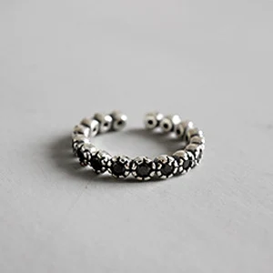 F.I.N.S кольцо с черным цирконием, штабелируемое кольцо с резным узором в виде цветка, Настоящее серебро 925, ювелирные изделия, турецкое открытое Стерлинговое Серебро, кольца для женщин - Цвет основного камня: D