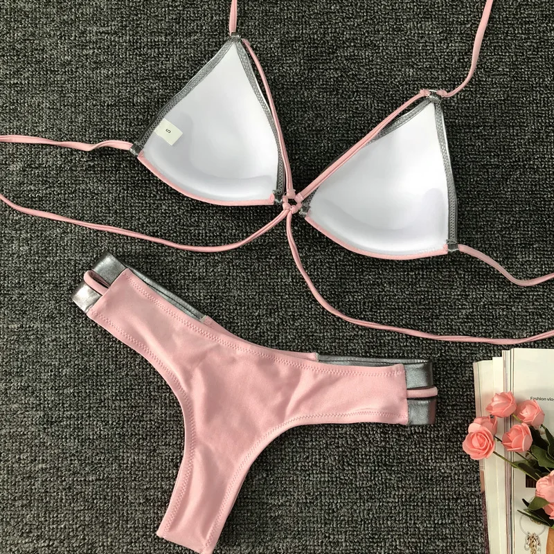 2018 Sexy String Thong Bikini Set Pink Women Push Up Swimwear Biquini Halter Top 2 Pcs Swimsuit Padded Bra Female Bathing Suit