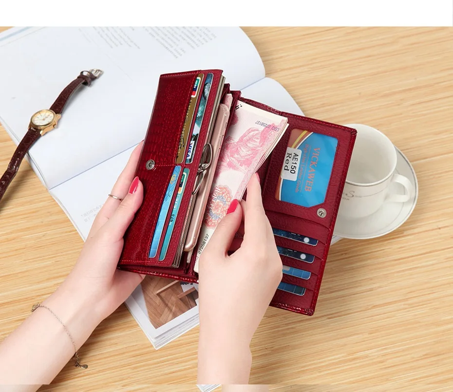 VICKAWEB Wallet Female Genuine Leather Purse Women Vintage Alligator Women Wallets Long Hasp Womens Wallets and Purses Retro-AE150-012