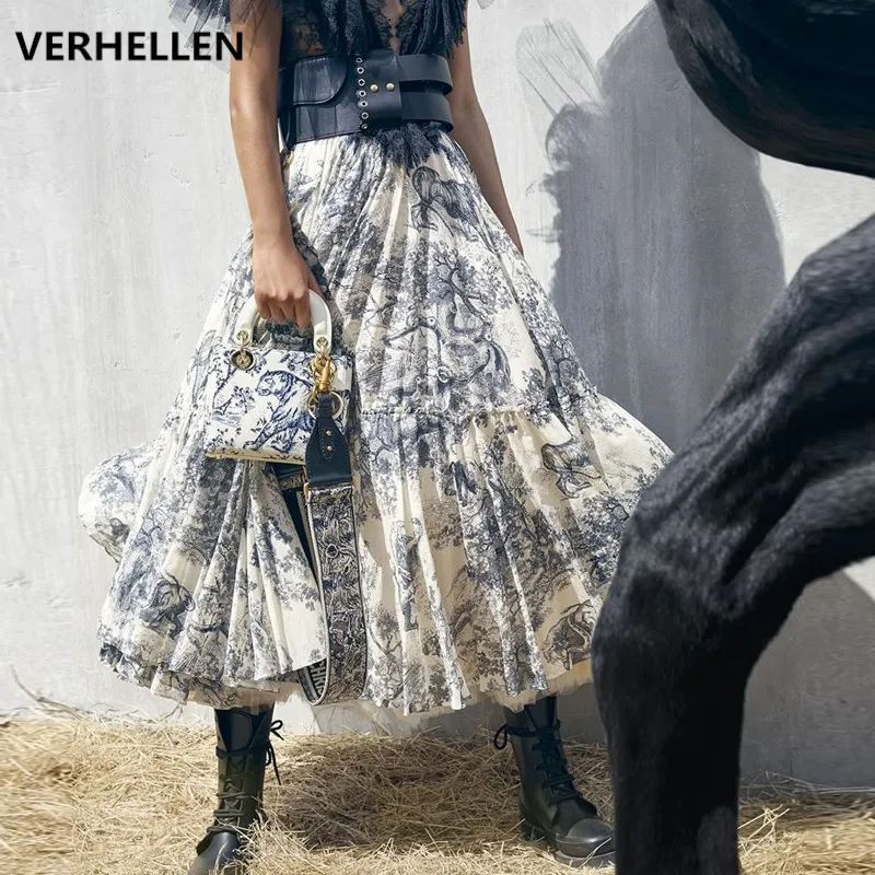 VERHELLEN высокое качество Европейский дизайнер подиумная Женская длинная юбка Роскошные животные с высокой талией с принтом плиссированная макси юбка