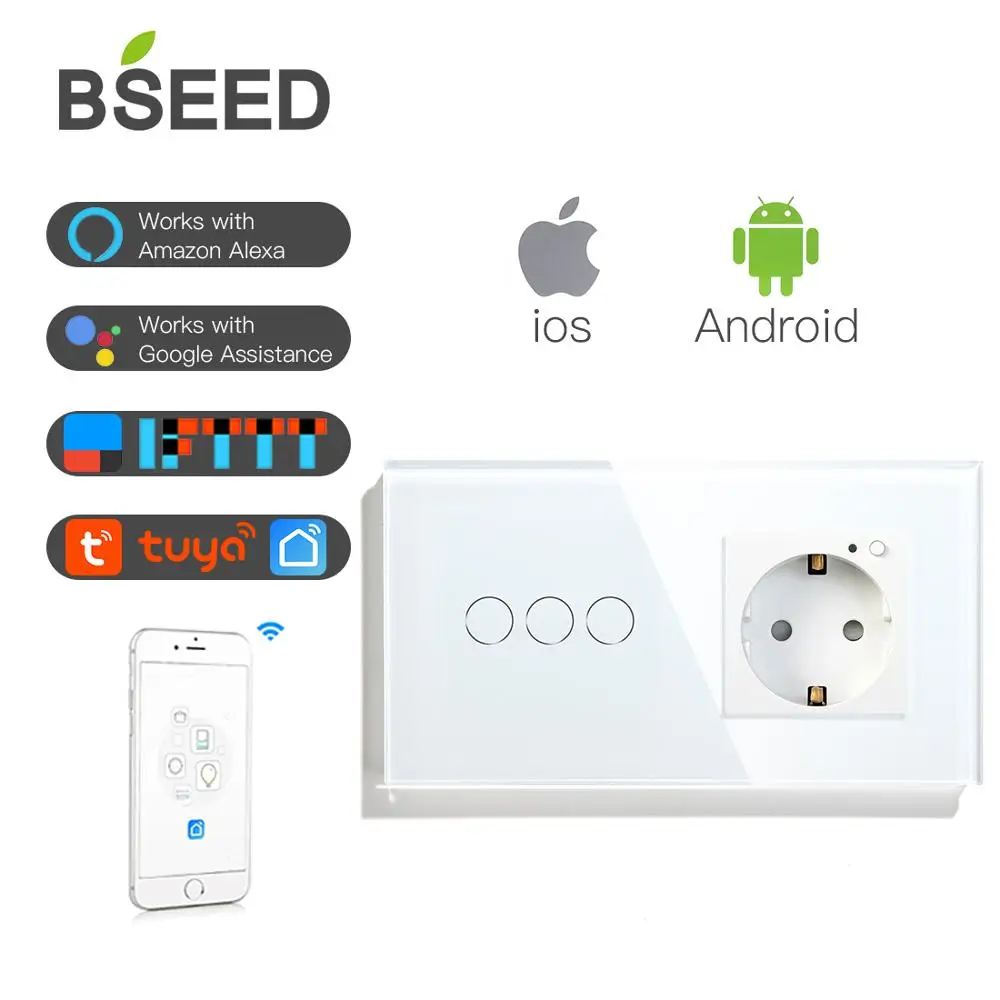 BSEED 16A Wifi сенсорный выключатель 3 банды Wifi стандарт ЕС розетка с белым черным золотым кристаллом стеклянная панель умный переключатель