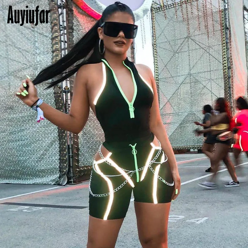 

Auyiufar Reflective Zipper Playsuit Turtleneck Sleeveless Jumpsuit Women Streetwear Body Overalls for Women Bodysuit and Shorts