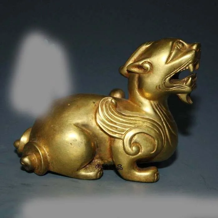

China Bronze Copper 24K Gold Auspicious Beast Foo Dog Lion Paper weight Statue
