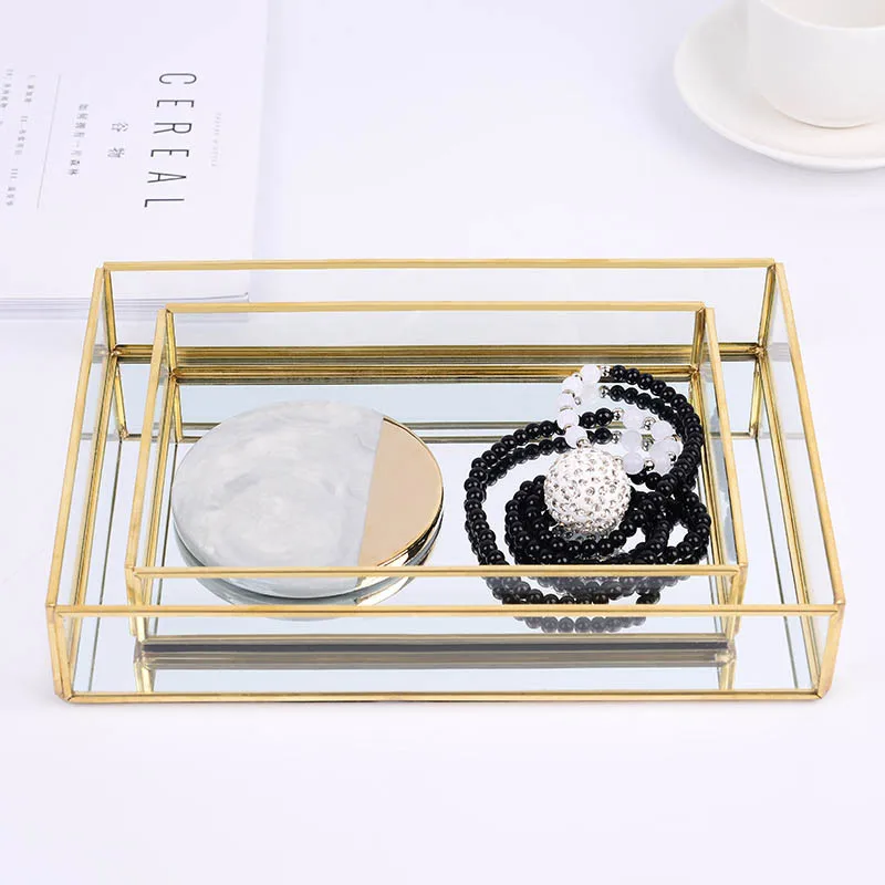Латунный металлический поднос для хранения чая, роскошный стеклянный Золотой косметический держатель, многоугольная Фруктовая тарелка, ювелирный поднос для домашнего декора