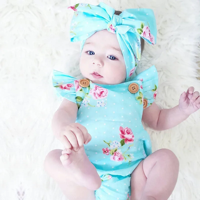 1-3 Year Old Baby Conjoined Suit Suit Summer 2019 Blue Flower Newborn Clothes