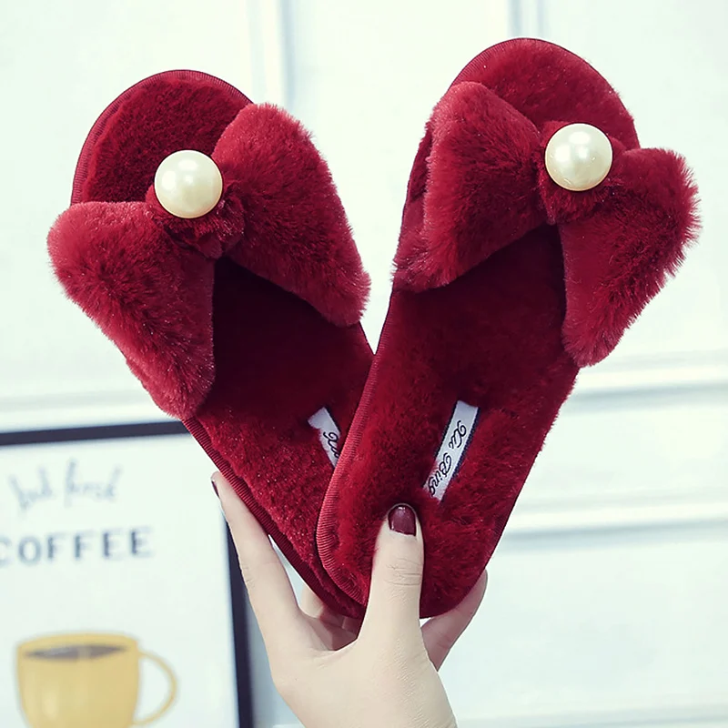 

Women's Slippers Home Peal Suede Keep Warm Fur Slippers For Girl Plush Solid Flat Shoes Female Butterfly Knot Fashion