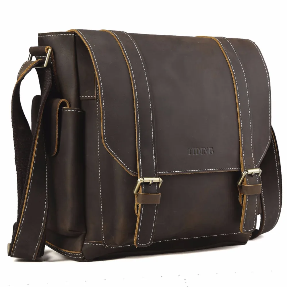 

2017 Handmade Cow Leather Messenger Bag Retro Style School Satchel Top Brand Bag Flip Cover Multi Pouches 11853
