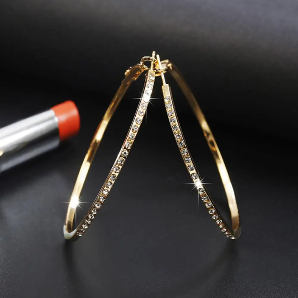 

2019 Fashion Hoop Earrings With Rhinestone Circle Earrings Simple Earrings Big Circle Gold Color Loop Earrings For Women