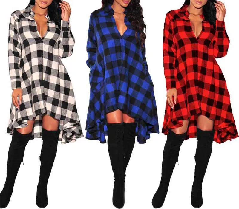 Женское платье рубашка в клетку с V образным вырезом|plaid shirt dress|shirt dresscasual dress |